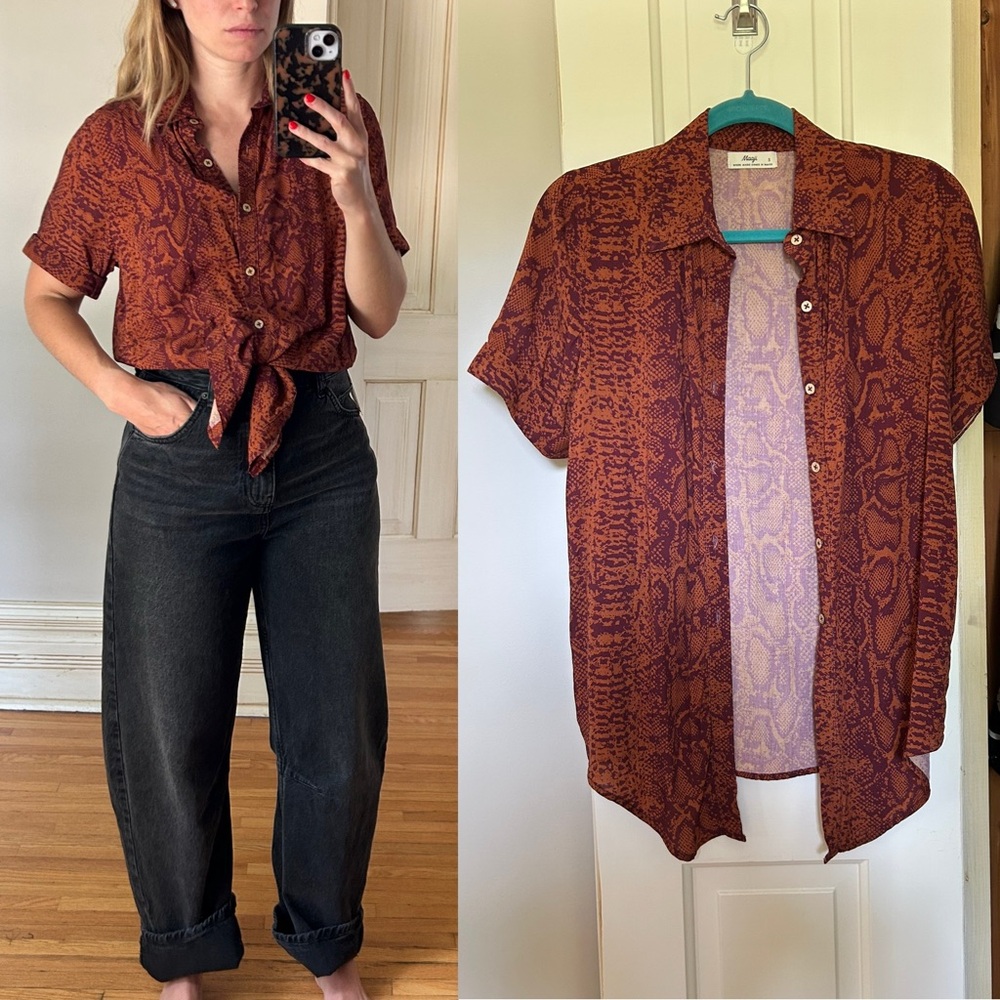 Maaji printed reptile short sleeve button up blouse